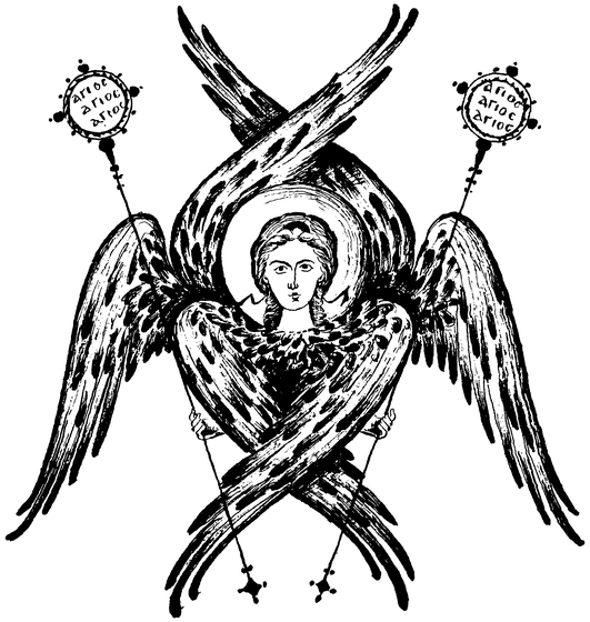 A six-winged Seraphim holding circular discs inscribed with 'Holy, Holy, Holy' (Agios) in Greek, depicted with a human face surrounded by multiple wings in the traditional Orthodox iconographic style