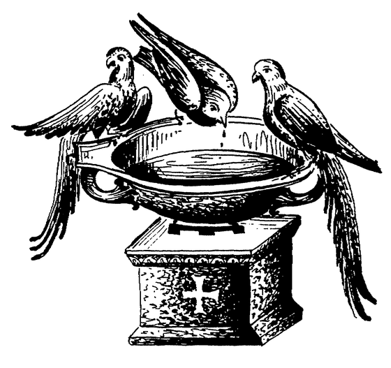 Three birds (likely doves) perched on and drinking from a baptismal font or fountain basin mounted on a pedestal with a cross, in a woodcut style