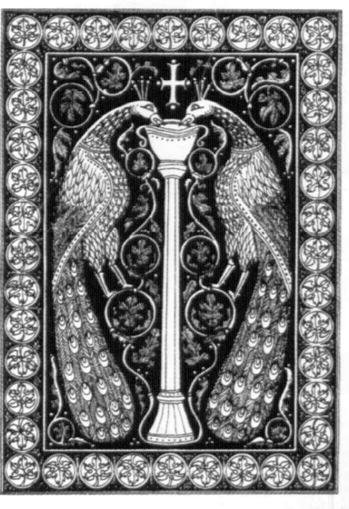 Two peacocks flanking a chalice or vase topped with a cross, set within an ornate decorative border, in a dark Byzantine ornamental panel design