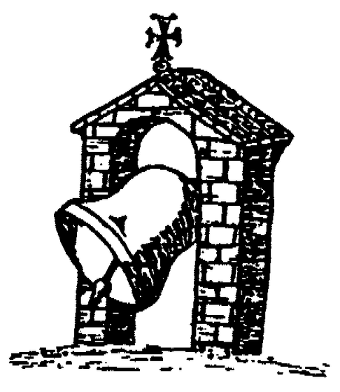 A large church bell swinging in a stone bell tower topped with an Orthodox cross, rendered in a bold ink drawing style