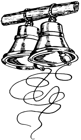 Three church bells hanging from a wooden beam with a rope trailing below, drawn in a detailed ink illustration style