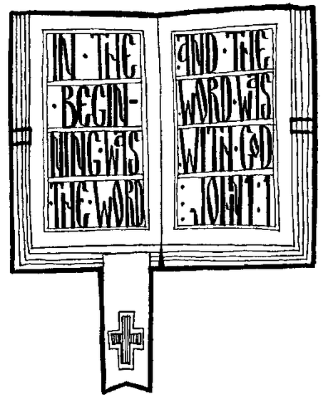 An open Gospel book displaying the text 'In the beginning was the Word, and the Word was with God' (John 1:1), with a cross bookmark hanging below