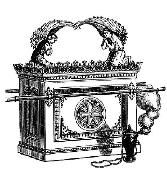 A detailed rendering of the Ark of the Covenant with two cherubim on the mercy seat, carrying poles, and a censer beside it
