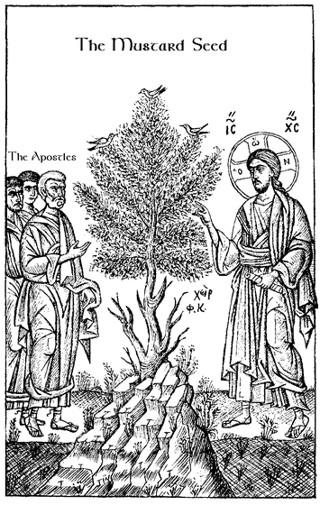 The Parable of the Mustard Seed showing Christ gesturing toward a large tree growing from the ground while the Apostles look on, titled in English