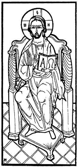 Christ enthroned on a chair holding an open book with Alpha and Omega, with a cruciform halo, symbolizing 'I am the Way, the Truth, and the Life.'