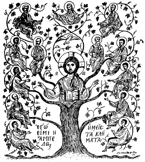 Christ as the True Vine, seated at the center of a tree whose branches bear medallions containing the apostles, illustrating John 15