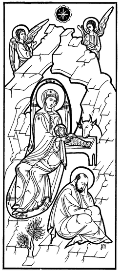 The Nativity of Christ showing the Theotokos with the Christ Child in a manger, Joseph seated below, angels above, and the star of Bethlehem, in a vertical composition