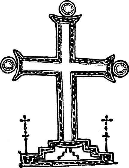Black-and-white line drawing of an ornate jeweled cross on a stepped pedestal (Golgotha base), with rounded medallion finials at the ends of each arm and decorative dot patterns along the crossbeams; two smaller ornamental crosses flank the base