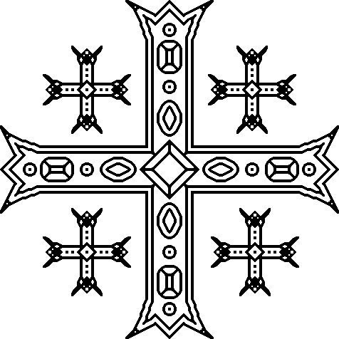 An ornate Coptic-style cross with four smaller crosses at each arm terminal, decorated with gemstone and geometric patterns throughout