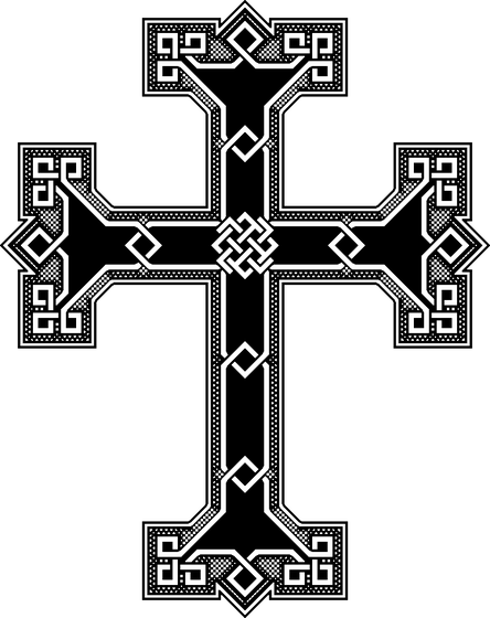 A bold Armenian-style cross with Celtic-inspired knotwork patterns at the center and angular geometric designs at each terminal