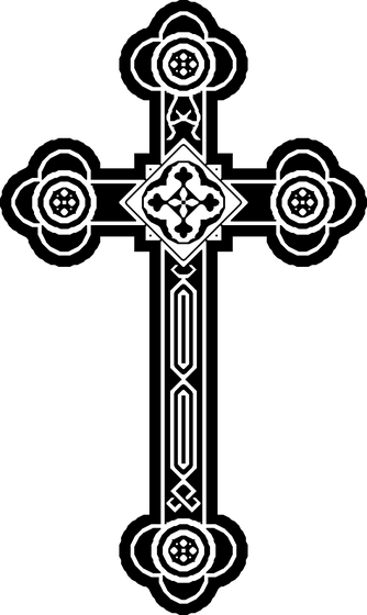 An ornate Latin cross with rosette medallions at each terminal and detailed geometric patterning along the shaft, rendered in high contrast black and white