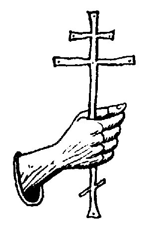 A hand grasping a double-barred patriarchal cross, rendered in a woodcut-style line drawing