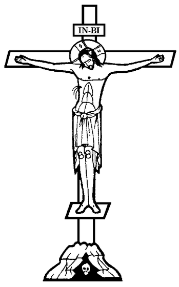 A crucifix depicting Christ on a Russian Orthodox three-bar cross with IN-BI inscription, a halo around Christ's head, and a skull at the base representing Golgotha