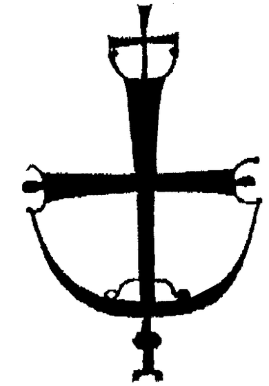 A cross mounted on a crescent moon base, forming a traditional Orthodox cross-and-crescent symbol, rendered as a dark silhouette