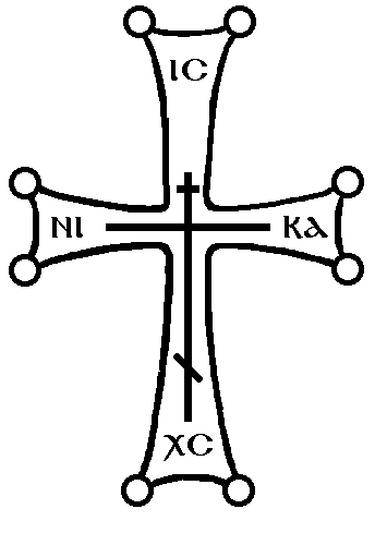 A Byzantine-style cross with rounded bulbous terminals and IC XC NIKA inscription, drawn in a clean outline style with small circles at each endpoint
