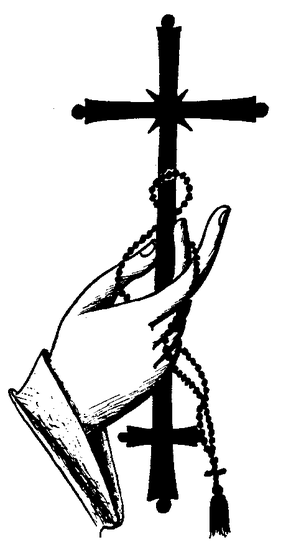 A hand holding a prayer rope (chotki/komboskini) with a three-bar Orthodox cross, rendered in bold black and white