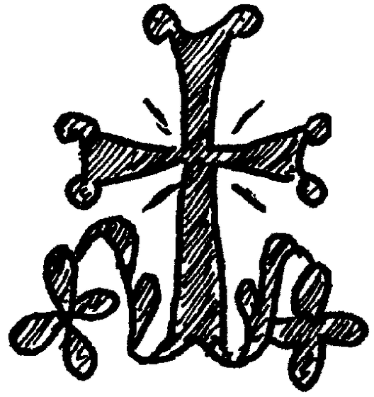 A simple Byzantine-style cross with ornamental flared terminals radiating light, positioned above decorative foliage, rendered in a rough hand-drawn style