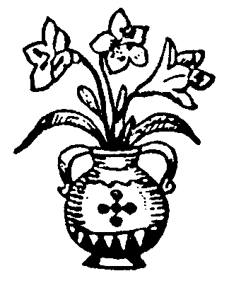 A decorative vase with a cross motif containing blooming lily-like flowers, rendered in a folk art line drawing style