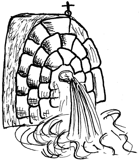 A stone grotto or spring with water gushing forth from an arched opening, topped with a small cross