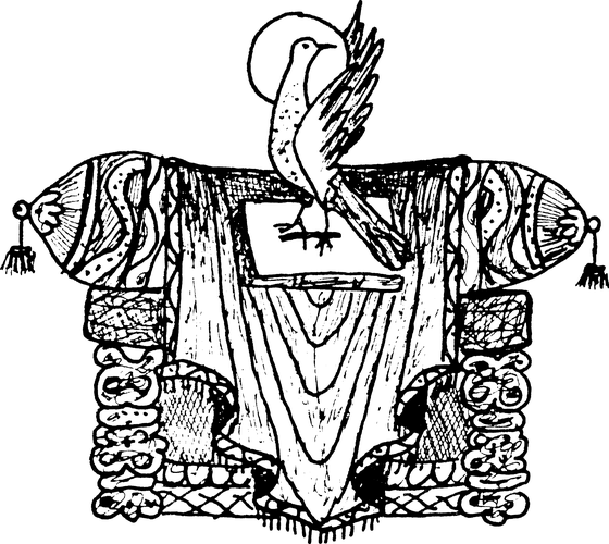 A dove representing the Holy Spirit perched atop priestly vestments (an epitrachelion/stole), rendered in a detailed line drawing style