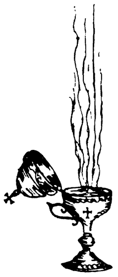 An open standing censer with rising wisps of incense smoke, featuring a cross on its bowl, rendered in a simple line drawing style