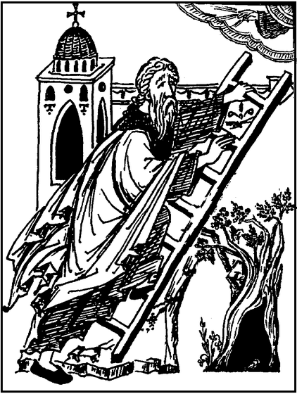 A monk carrying a ladder on his back approaching a church or monastery tower, symbolizing the spiritual ascent of monastic life