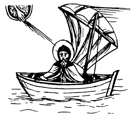 A haloed monk sailing alone in a small boat guided by the hand of God reaching down from heaven, symbolizing divine guidance on the monastic journey
