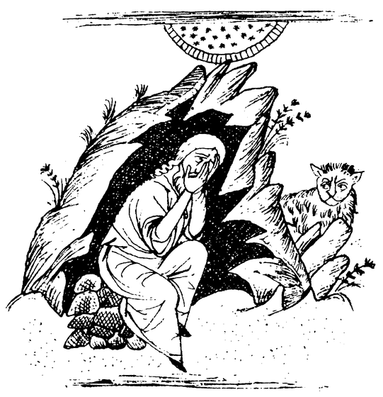 A monk seated in mourning or penthos within a rocky cave, with an animal companion nearby, under the hand of God appearing from above
