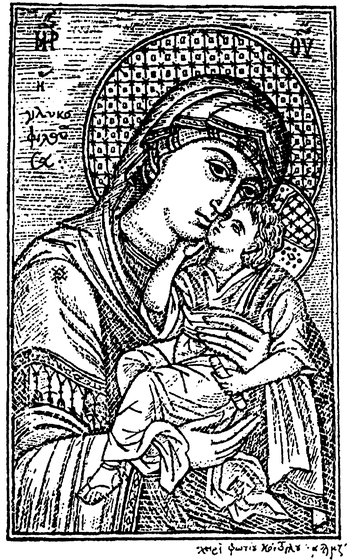 A half-length Glykofilousa icon of the Theotokos and Christ child with ornate halo patterns, rendered in a small, delicate line drawing