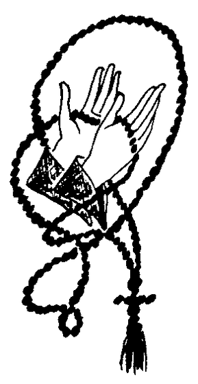 A detailed line drawing of a hand holding an Orthodox prayer rope (komboskini), showing the knotted rope and cross pendant clearly