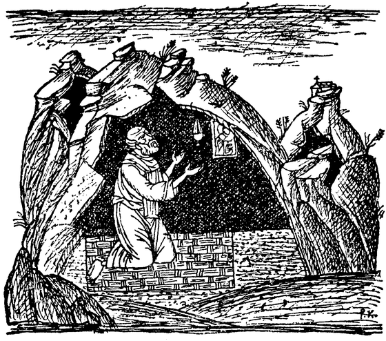 A small woodcut-style image of a monk praying in a cave while demonic figures surround him, depicting spiritual warfare during prayer