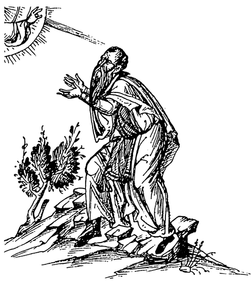 A monk stands on a hillside with arms raised upward toward a divine hand emerging from the sky, calling out to God in prayer