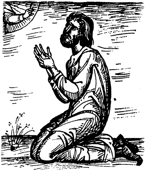 A man kneels in prayer with the hand of God reaching down from above, a simple and direct depiction of humble supplication before God