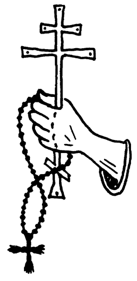 A hand holds a three-bar Orthodox cross alongside a prayer rope, combining two essential symbols of Orthodox Christian devotion