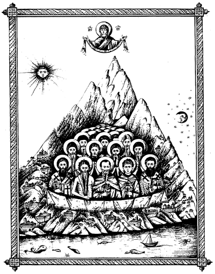 Black-and-white line drawing depicting a large gathering of Athonite saints arranged on Mount Athos, with the mountain shown as a triangular peak covered with the haloed figures of monks and fathers