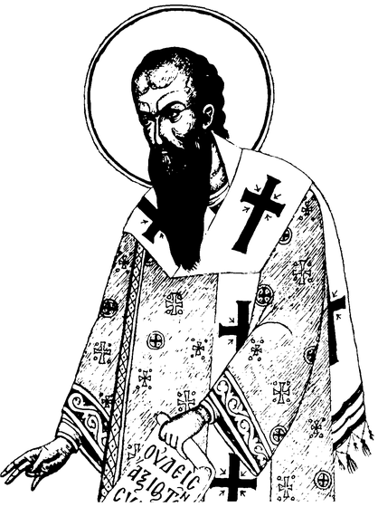 Black-and-white line drawing icon of Saint Basil the Great, shown in three-quarter view wearing episcopal vestments with cross patterns
