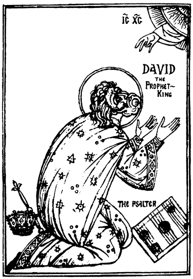 Black-and-white line drawing of the Prophet-King David shown kneeling in prayer with arms raised toward heaven, where the Christogram 'IC XC' appears