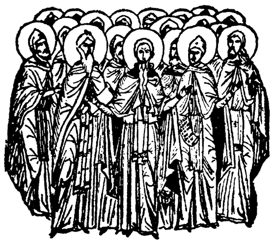 Black-and-white line drawing depicting a group of approximately ten Holy Fathers standing together, shown as a mix of bishops and monks with halos, beards, and varied vestments