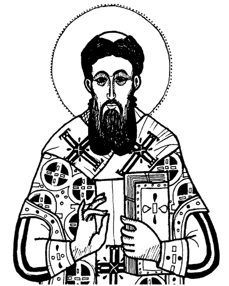 Black-and-white line drawing icon of Saint Gregory Palamas, shown as a bishop in half-length view wearing episcopal vestments with cross-patterned omophorion