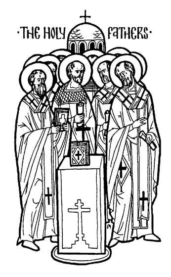 Black-and-white line drawing titled 'The Holy Fathers,' depicting six haloed bishops and hierarchs standing around a central altar or lectern bearing a cross