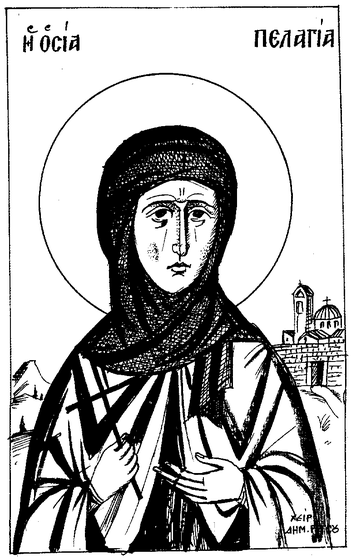 Black-and-white line drawing icon of Saint Pelagia, depicted as a female monastic figure wearing a dark veil and robes with a large circular halo