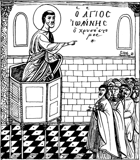A black-and-white woodcut-style image of St