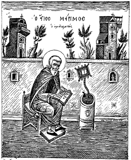 A black-and-white woodcut-style depiction of St