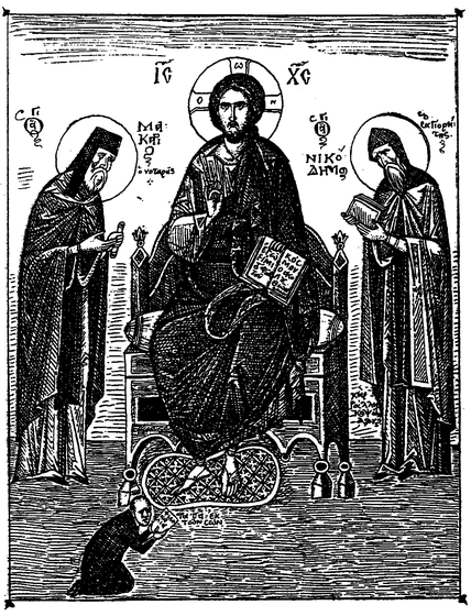 Black-and-white icon-style illustration depicting Christ enthroned in the center with Saints Nicodemos the Hagiorite and Makarios of Corinth standing on either side, with a small kneeling figure (likely a supplicant or donor) at the foot of the throne; Greek inscriptions identify the figures