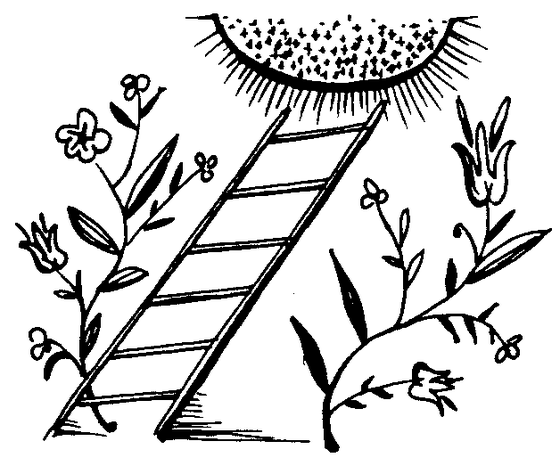 A ladder ascends toward divine light in the heavens, surrounded by flowers and foliage, evoking the Ladder of Divine Ascent by St