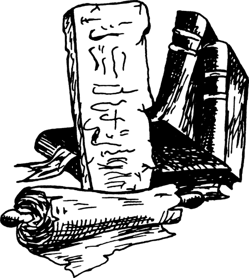 A still life arrangement of scrolls, a stone tablet, and bound books, representing the progression of sacred text formats across the centuries