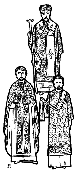 Three ranks of Orthodox clergy standing together in full liturgical vestments, displaying the distinctive vestments of each clerical order
