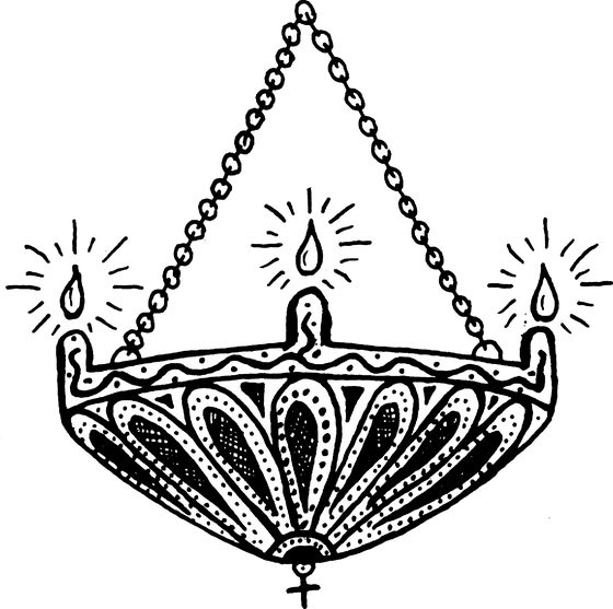 A hanging chandelier (choros) with three oil flames suspended on chains, used to illuminate the church interior during services